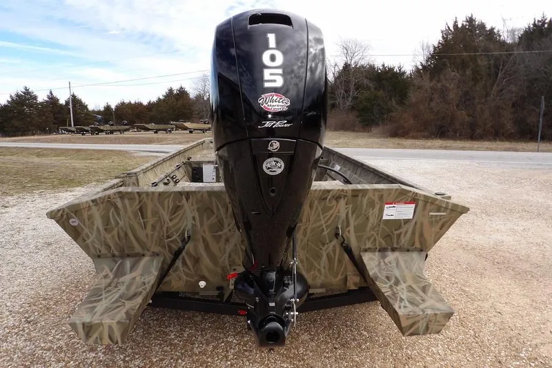 Slide: The Image of 2026 Crestliner 1870 Retriever FCC boat with camo design and 105 HP motor. - 6