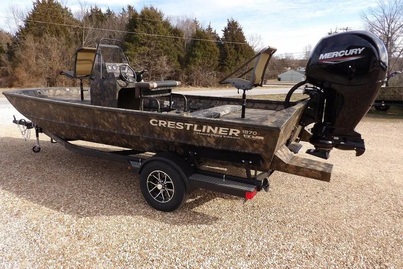 Slide: The Image of 2026 Crestliner 1870 Retriever FCC boat with Mercury engine on trailer. - 11