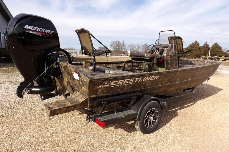 Slide: The Image of 2026 Crestliner 1870 Retriever FCC boat with Mercury engine on a trailer. - 6