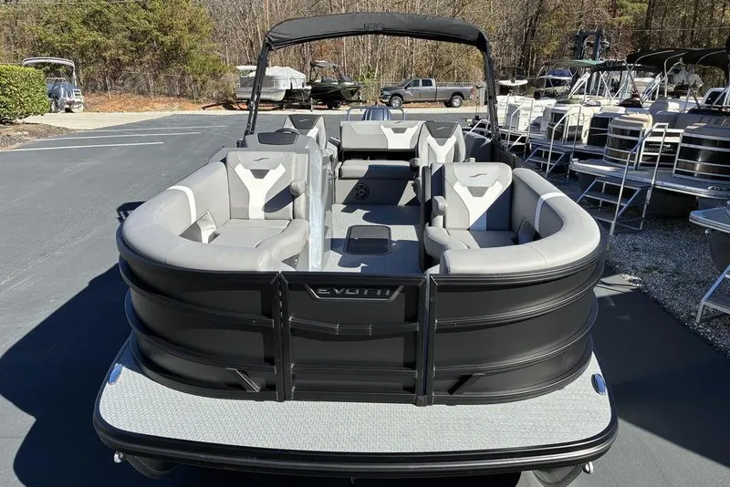Slide: The Image of 2026 Evotti 521CS pontoon boat with sleek design and spacious seating. - 4
