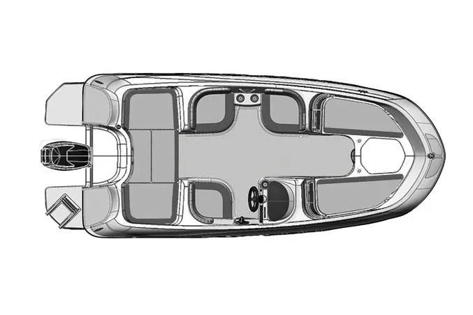 Slide: The Image of 2021 Bayliner Element E16 boat interior with blue seating and a white table. - 13