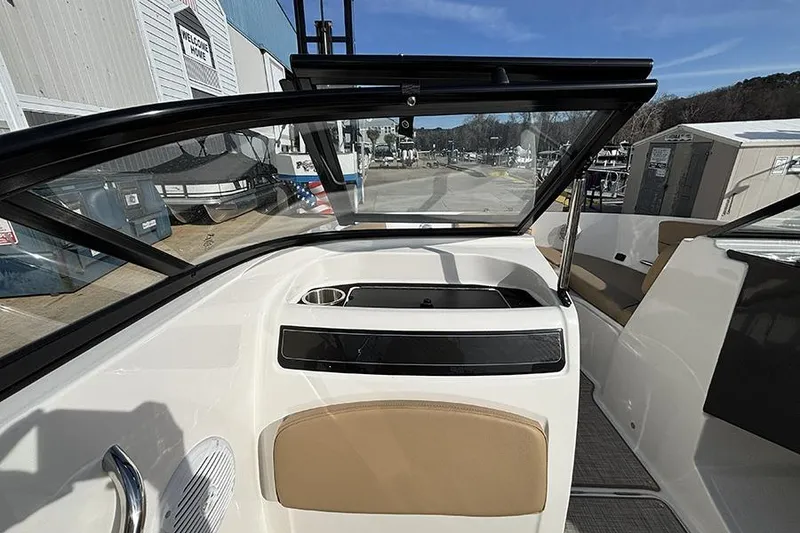 Slide: The Image of 2023 Bayliner VR5 Bowrider OB interior view with windshield and seating. - 19