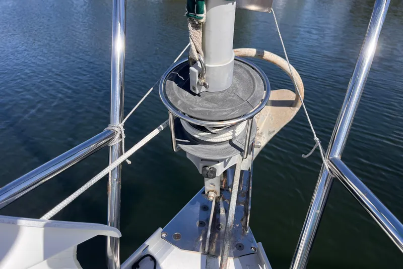 Slide: The Image of Bow of 2008 Beneteau Oceanis 343 sailboat with anchor and winch system. - 74