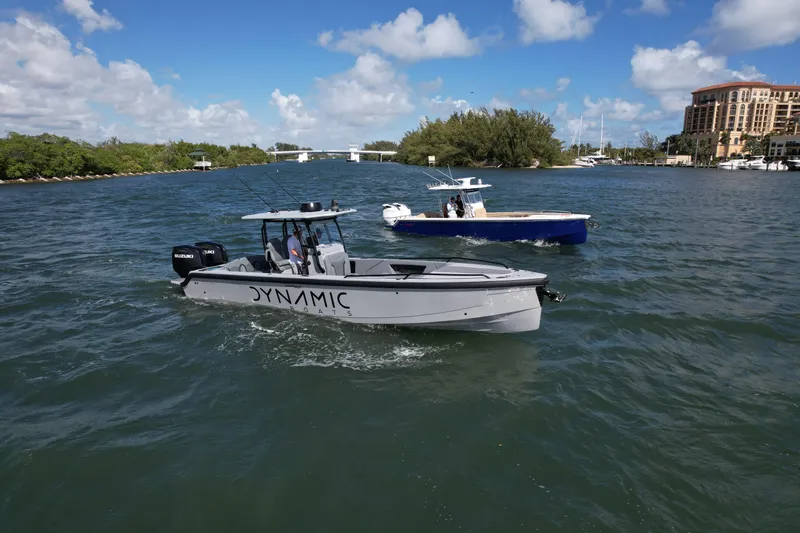 Slide: The Image of 2024 Dynamic D-305V boat cruising on a sunny day in a scenic waterway. - 7