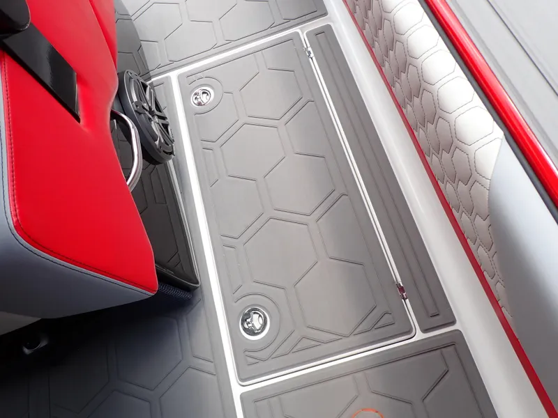 Slide: The Image of 2024 Statement 350 Open boat interior with hexagonal pattern flooring and red accents. - 45