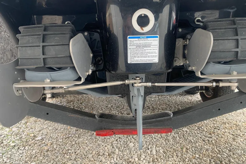 Slide: The Image of Rear view of a 2019 Yamaha Boats AR240, showcasing the dual jet propulsion system. - 19