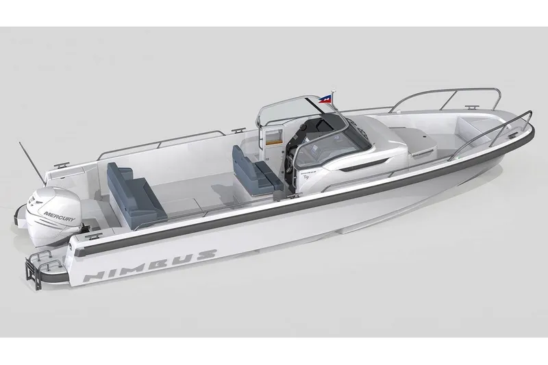 Slide: The Image of Nimbus T9 2025 motorboat with sleek design, spacious seating, and Mercury engine. - 13