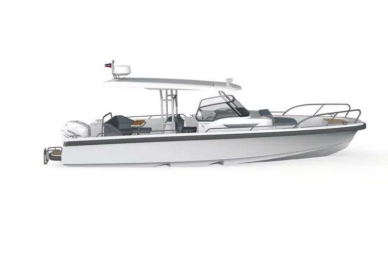 Slide: The Image of 2025 Nimbus T9 boat with sleek design and modern features. - 8