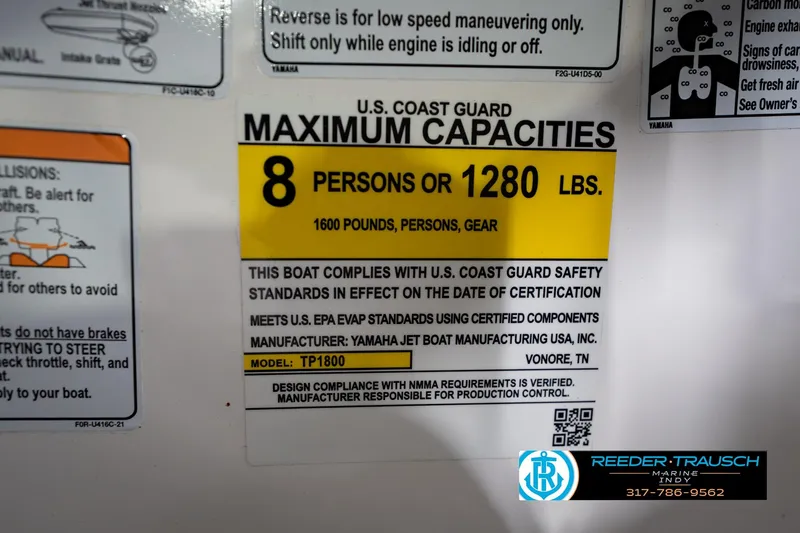 Slide: The Image of 2024 Yamaha Boats AR195 capacity label, 8 persons or 1280 lbs, safety compliance details. - 58