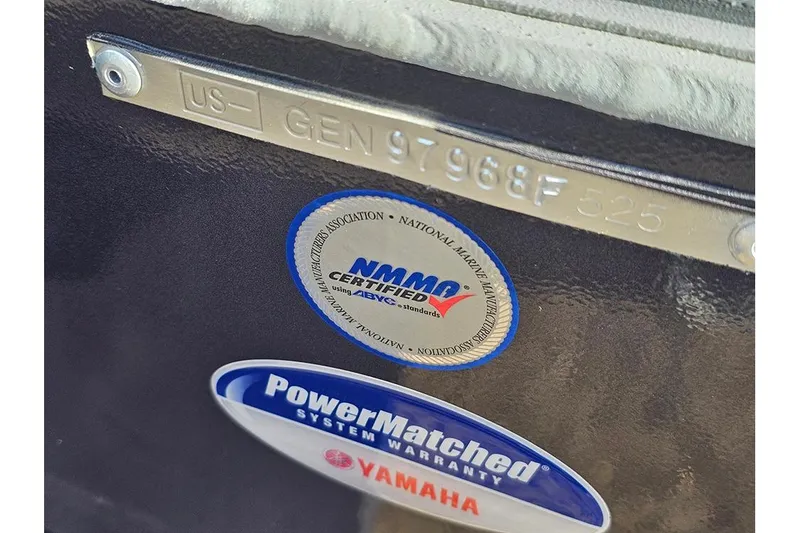 Slide: The Image of Boat identification plate with NMMA and Yamaha PowerMatched warranty stickers, G3 Bay 19 GX 2025 model. - 19