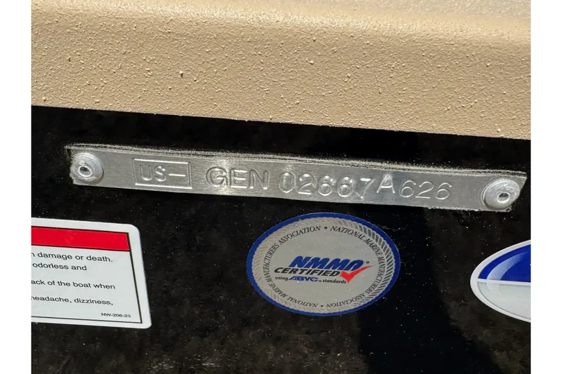 Slide: The Image of Hull identification number on a 2026 G3 Bay 17 boat with certification stickers. - 14