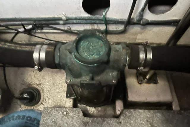 Slide: The Image of Engine room component of 1988 Kadey Krogen 42 boat, featuring pipes and fittings. - 41