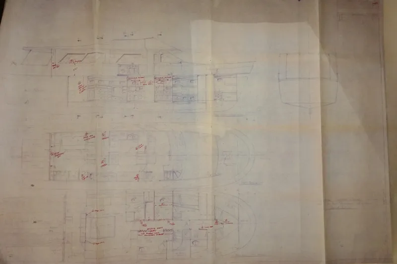 Slide: The Image of Blueprint of 1977 Custom International Offshore 65 yacht, showcasing detailed interior layout. - 86