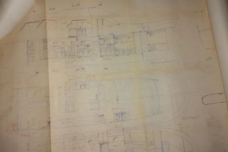 Slide: The Image of Blueprint of 1977 Custom International Offshore 65 yacht, showcasing detailed interior layout. - 87
