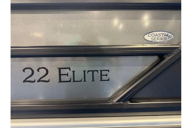 Slide: The Image of 2026 Bentley Pontoons Elite 223 Admiral, Coastal Series, close-up of model nameplate. - 38