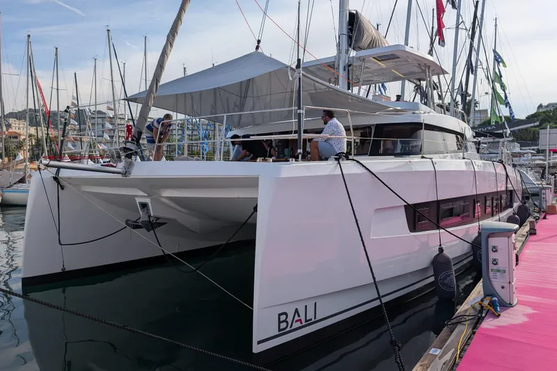 The Image of 2026 Bali 5.2 catamaran docked at marina, featuring sleek design and modern amenities. - 0