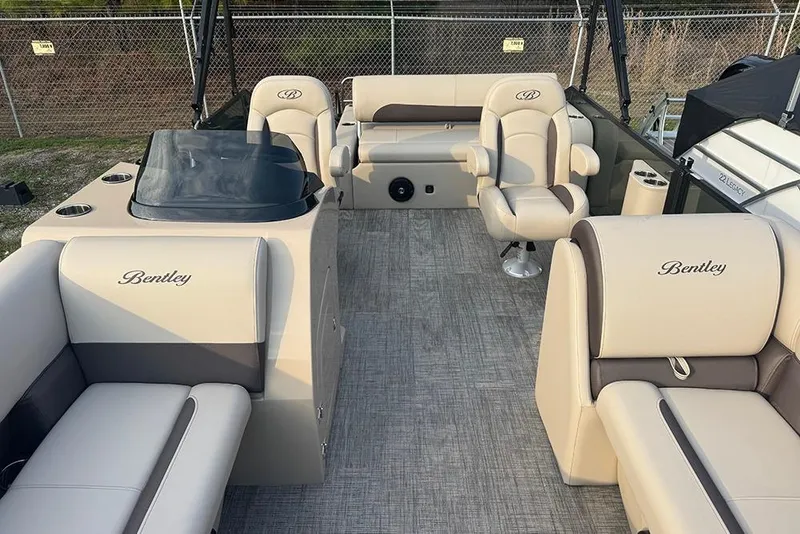 Slide: The Image of 2026 Bentley Pontoons Legacy 223 Swingback interior with luxurious seating and modern design. - 11