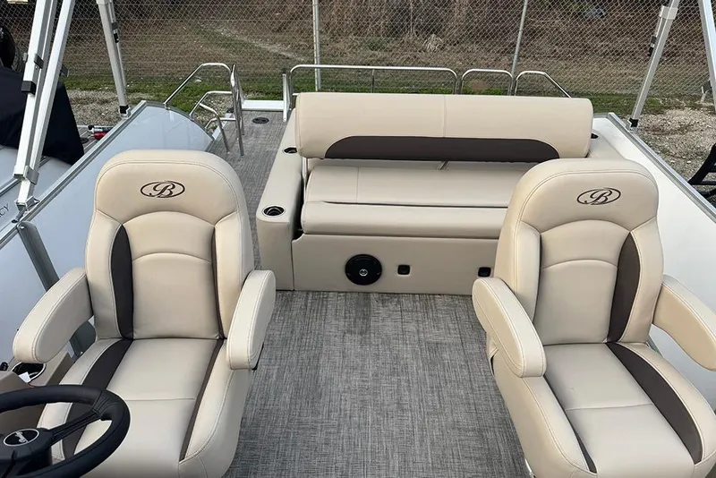 Slide: The Image of 2026 Bentley Pontoons Legacy 223 Swingback interior with luxurious seating and modern design. - 16