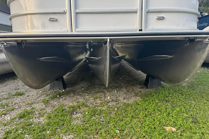 Slide: The Image of 2026 Bentley Pontoons Legacy 223 Swingback, close-up of pontoon hull design. - 2