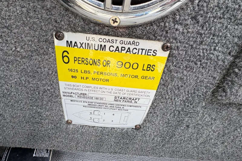 Slide: The Image of 2017 Starcraft Renegade 168 DC boat capacity label, 6 persons or 900 lbs limit. - 19