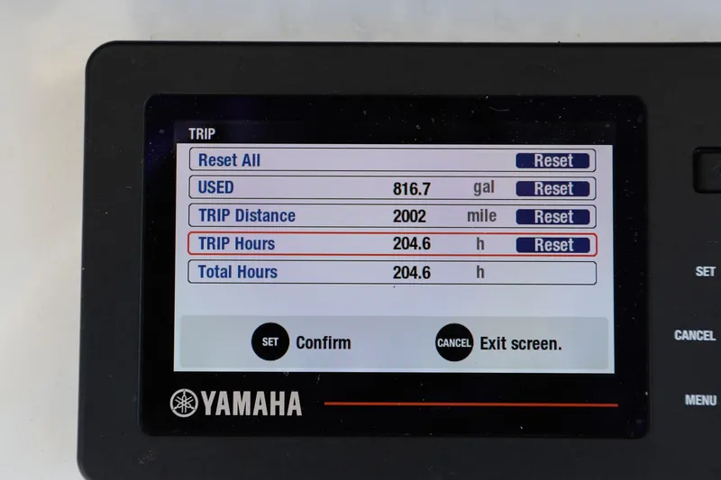 Slide: The Image of Yamaha display showing trip data for 2020 Sea Hunt Ultra 255 SE boat. - 16