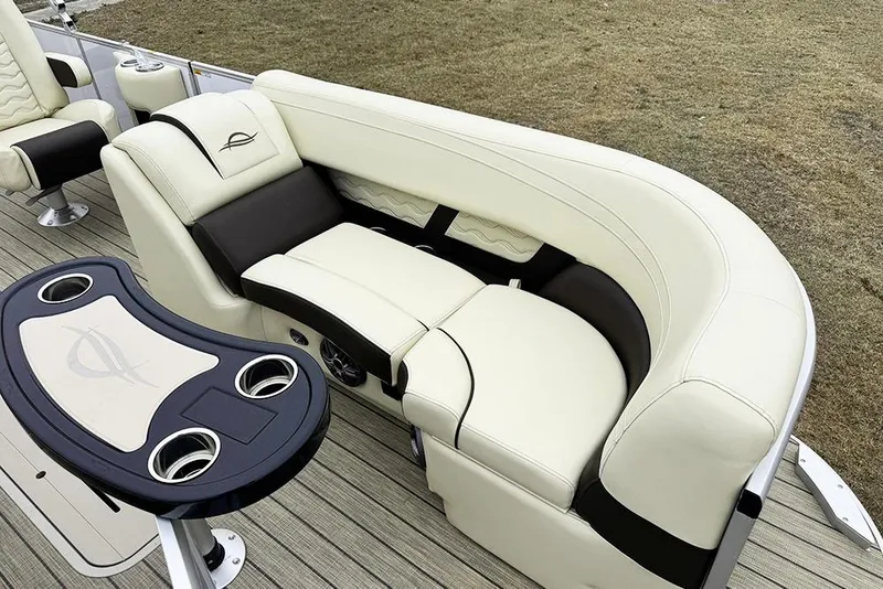 Slide: The Image of Luxurious seating on 2026 SunCatcher Fusion 324SL pontoon boat with cup holders. - 14