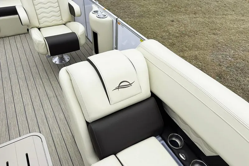 Slide: The Image of Luxurious seating on 2026 SunCatcher Fusion 324SL pontoon boat, featuring elegant design and comfort. - 18
