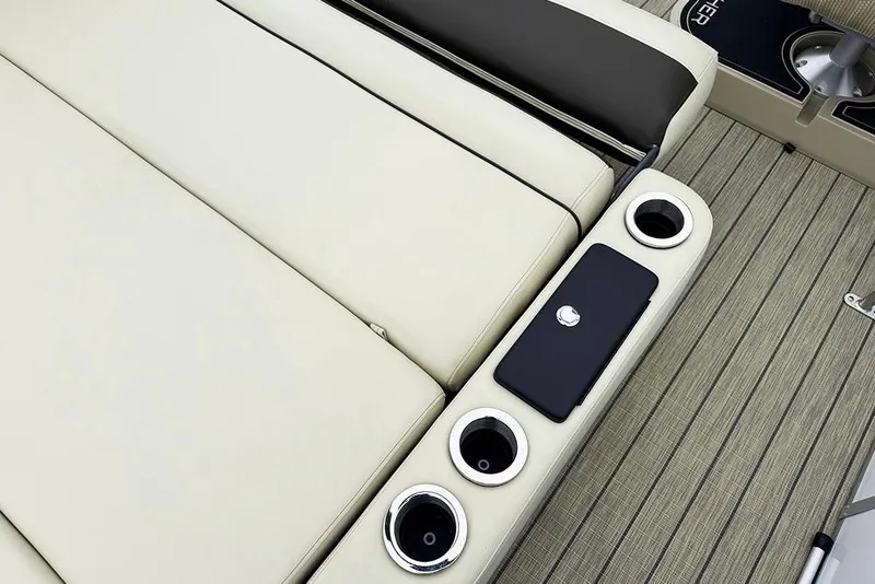 Slide: The Image of Luxurious seating and cup holders on 2026 SunCatcher Fusion 324SL boat deck. - 37