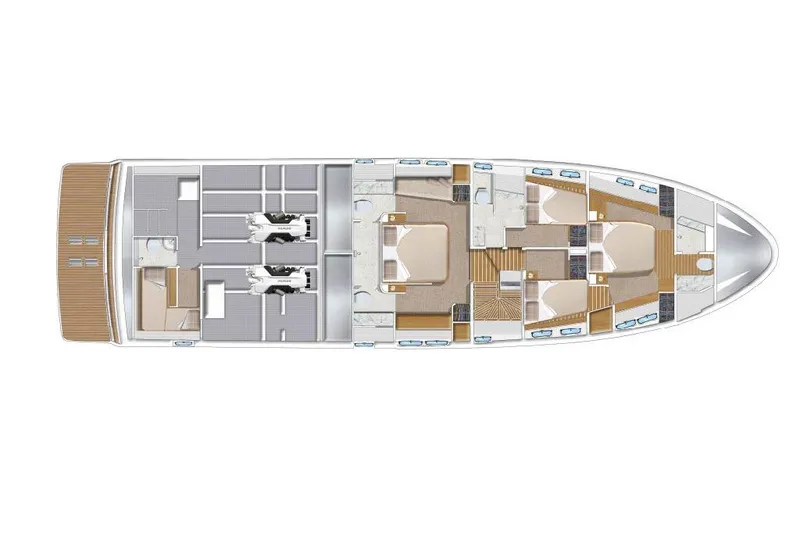 Slide: The Image of 2026 Offshore Yachts CE Series floor plan showcasing luxurious cabin layout and engine room. - 23