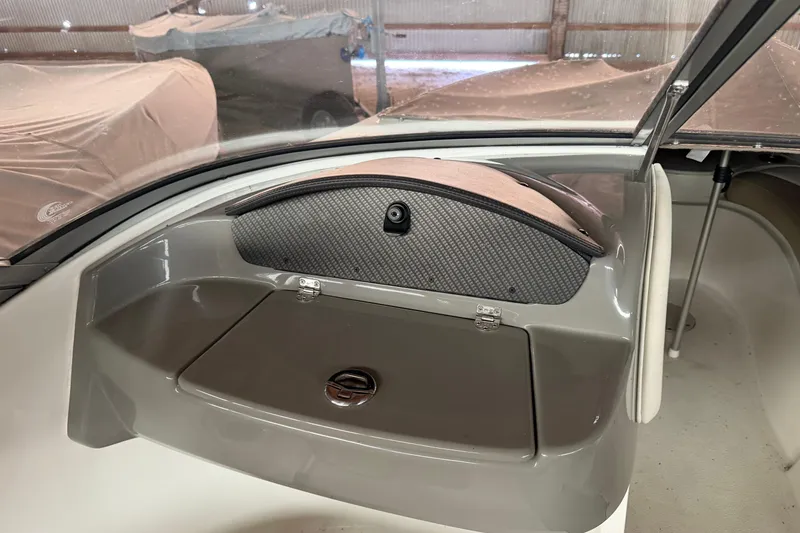 Slide: The Image of 2019 Stingray 208 LS boat interior with storage compartment and carbon fiber panel. - 17