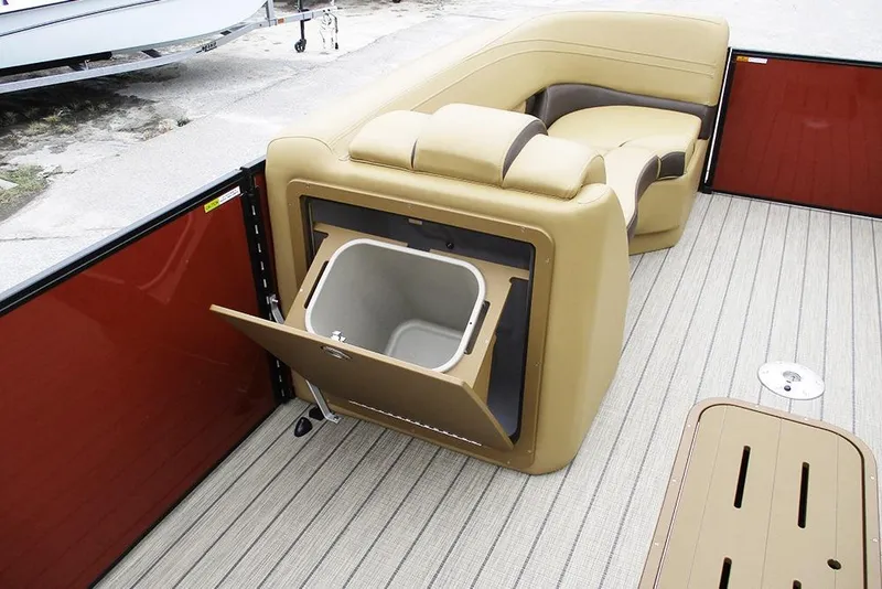Slide: The Image of Luxurious SunCatcher Fusion 322RC 2026 boat interior with built-in cooler and seating. - 20