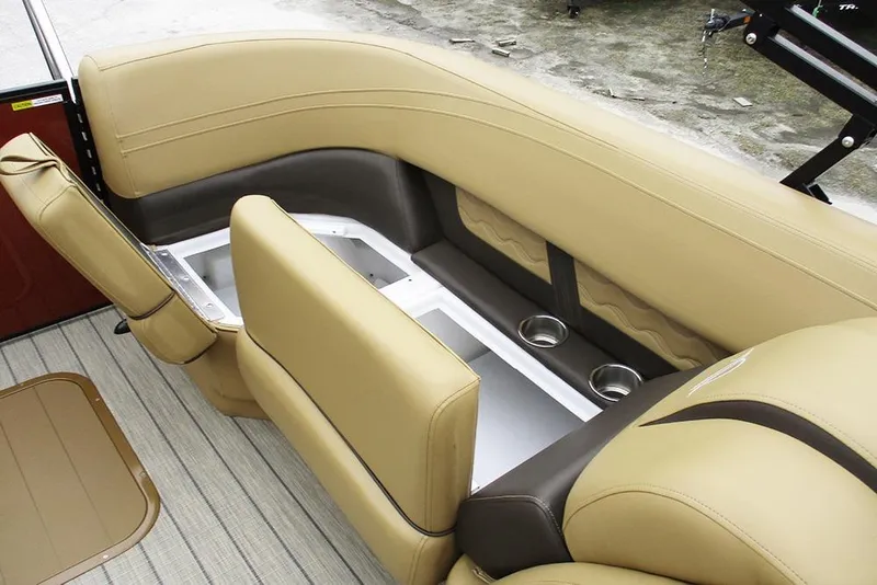 Slide: The Image of Luxurious seating area in 2026 SunCatcher Fusion 322RC boat with cup holders. - 25