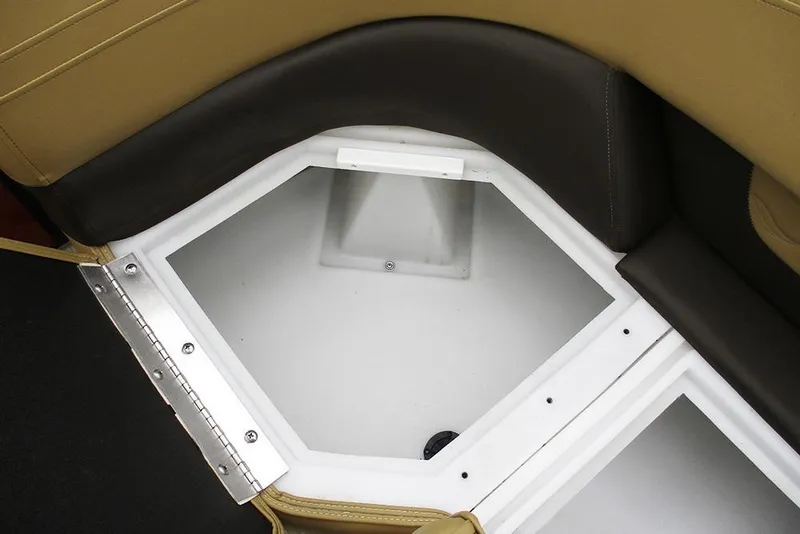 Slide: The Image of 2026 SunCatcher Fusion 322RC storage compartment with cushioned seating and white interior. - 27