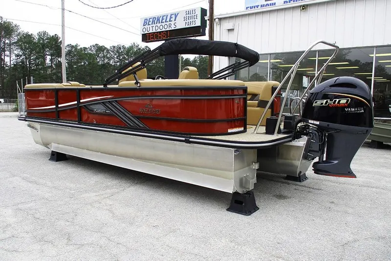 Slide: The Image of 2026 SunCatcher Fusion 322RC pontoon boat with Yamaha outboard motor at dealership. - 7