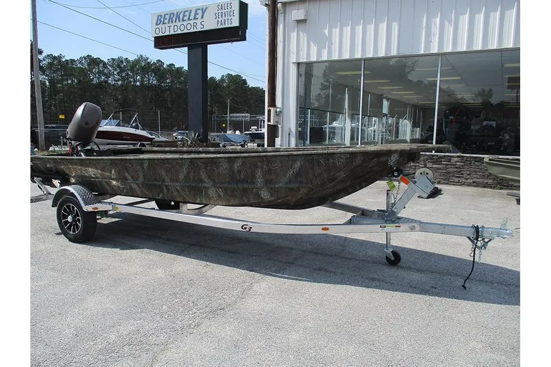 Slide: The Image of 2026 G3 Gator Tough 16 DK boat on trailer at Berkeley Outdoors dealership. - 4