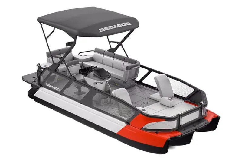 Slide: The Image of 2024 Sea-Doo Switch Cruise 21 pontoon boat with canopy and seating, side view. - 41