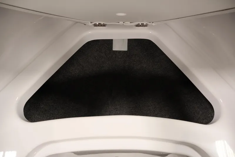 Slide: The Image of Interior storage compartment of 2026 Four Winns H1 OB boat, featuring sleek design and carpeting. - 11