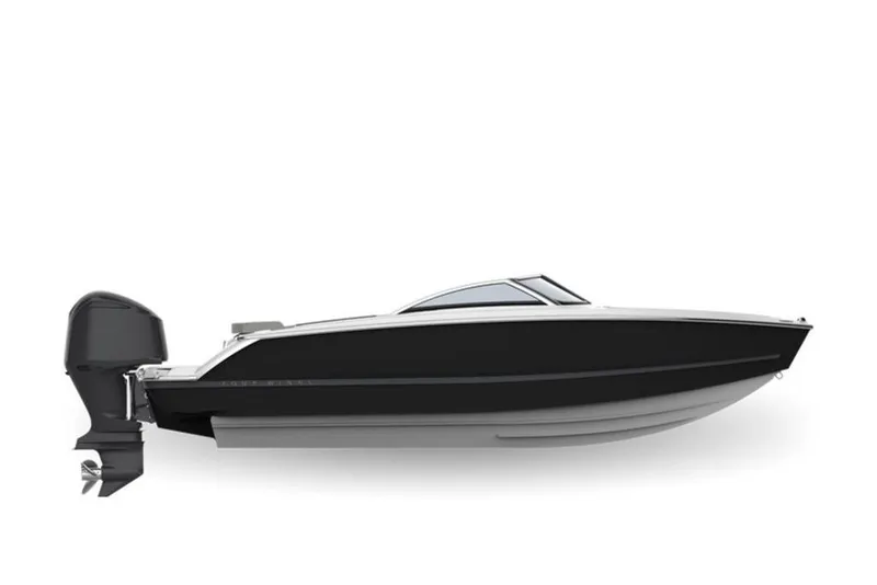 Slide: The Image of 2026 Four Winns H1 OB boat, sleek black and white design, side view. - 44
