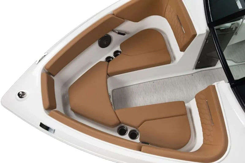 Slide: The Image of 2026 Four Winns H1 OB boat interior with tan seating and cup holders. - 47