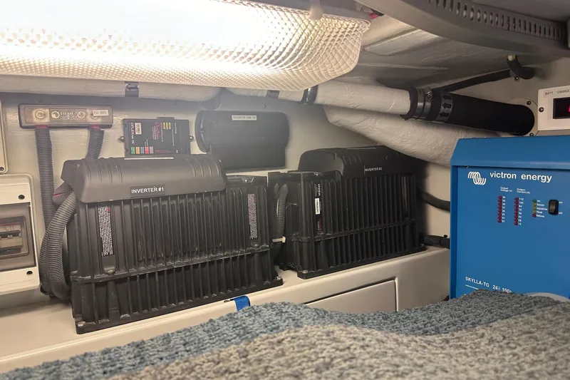 Slide: The Image of Electrical system of a 2016 Nordhavn 60 yacht featuring inverters and Victron Energy equipment. - 41