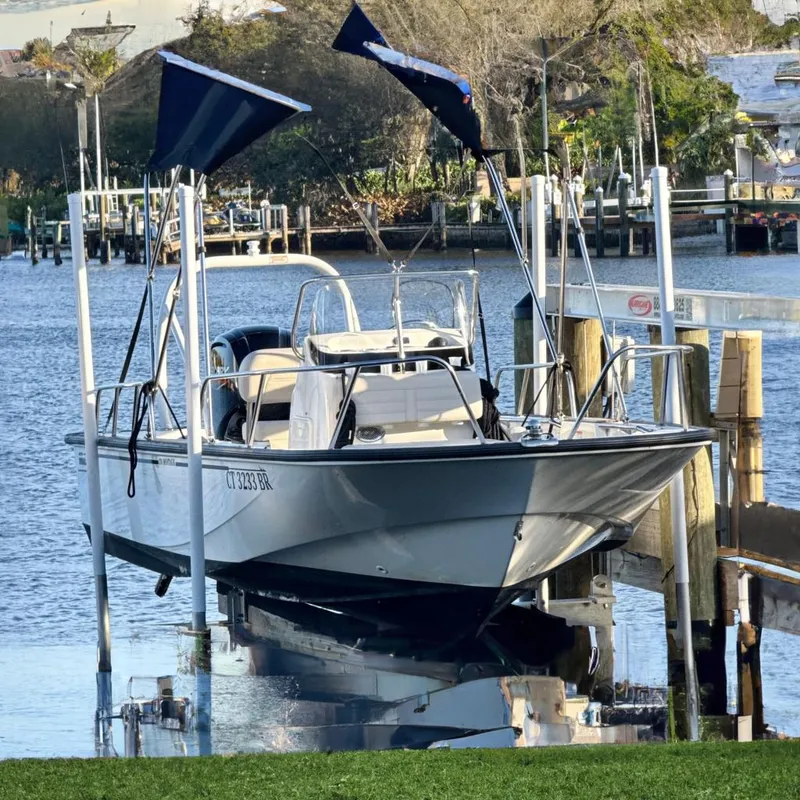 The Image of Boston Whaler 170 Montauk 2025 on a boat lift by the water. - 0