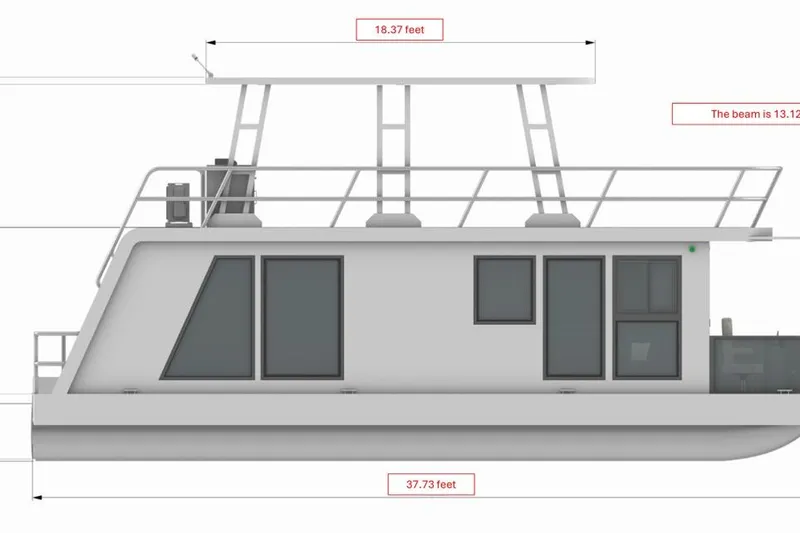 Slide: The Image of Side view of 2025 Houseboat ALLHOUSE HB-1250, dimensions labeled, modern design. - 28