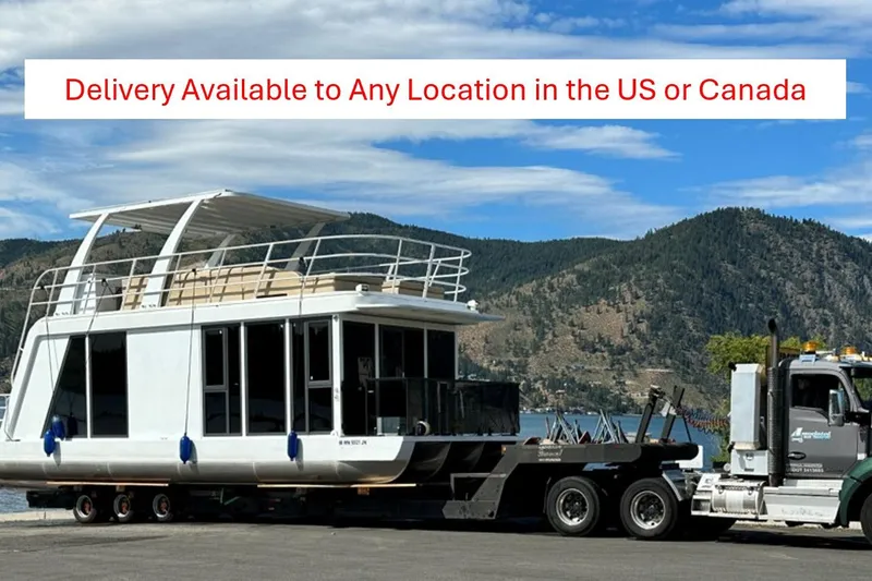 Slide: The Image of Houseboat ALLHOUSE HB-1250, 2025 model, on trailer with delivery available in US and Canada. - 29