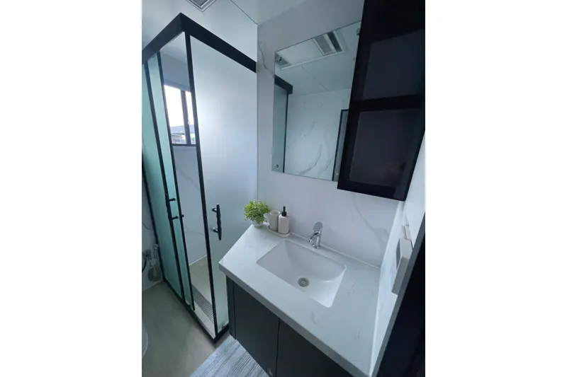 Slide: The Image of Modern bathroom in 2025 ALLHOUSE HB-1250 houseboat with sleek sink and glass shower. - 8