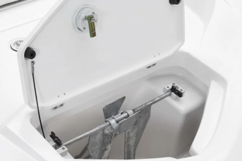 Slide: The Image of Open anchor storage compartment on 2026 Yamaha Boats 190 FSH Sport. - 7