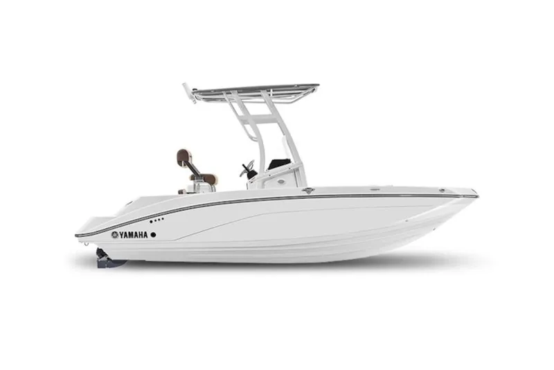 Slide: The Image of 2026 Yamaha Boats 190 FSH Sport, sleek white design, side view. - 9