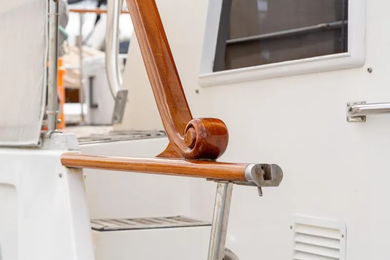 Slide: The Image of Close-up of 1993 Grand Banks 46 Motoryacht railing, docked in a marina. - 8