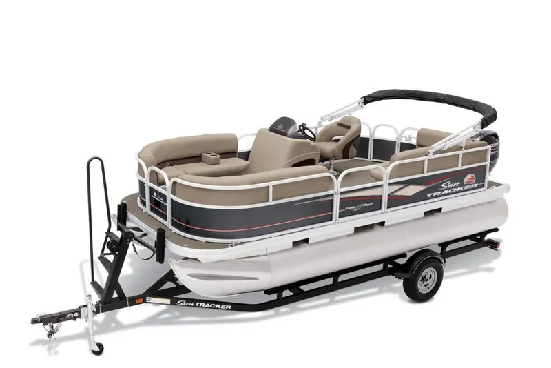 The Image of 2019 Sun Tracker Party Barge 18 DLX pontoon boat on trailer, parked outdoors. - 0