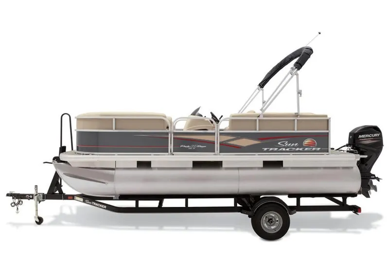 Slide: The Image of 2019 Sun Tracker Party Barge 18 DLX interior with steering console and seating. - 17