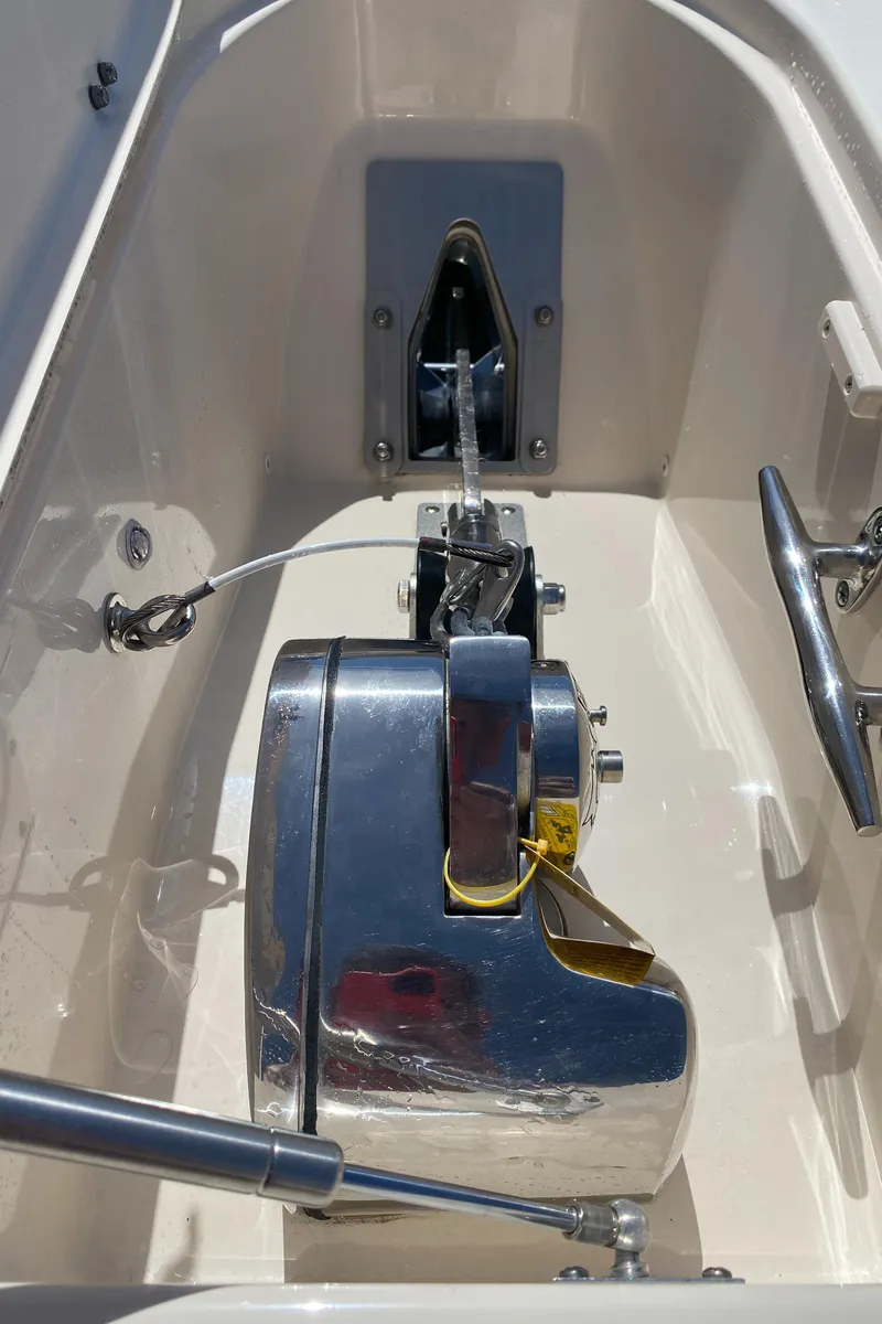 Slide: The Image of 2017 Grady-White Freedom 375 boat anchor system with polished metal components. - 10